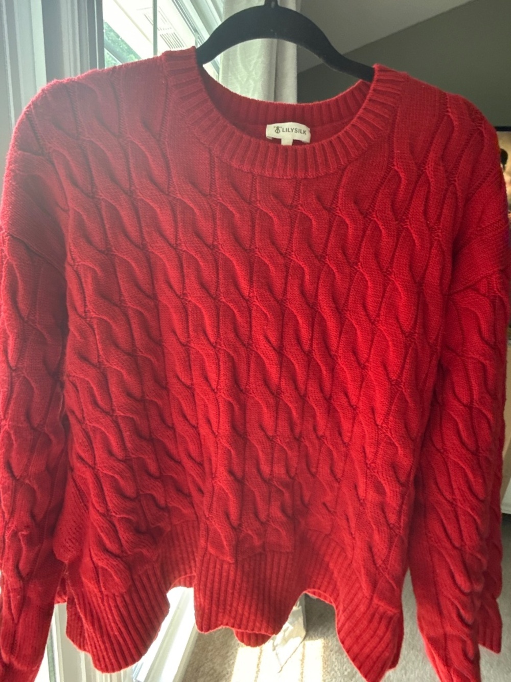 LILYSILK 100% Merino Wool Cable Knit Crewneck Sweater Red Size M - Picture 3 of 3